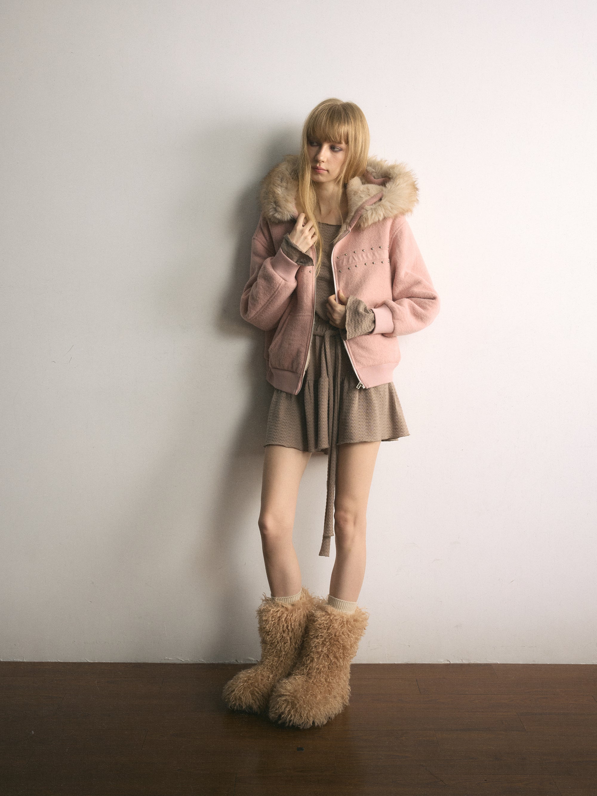 [A001103]Balletcore Shearling Jacket in Soft Matte Pink
