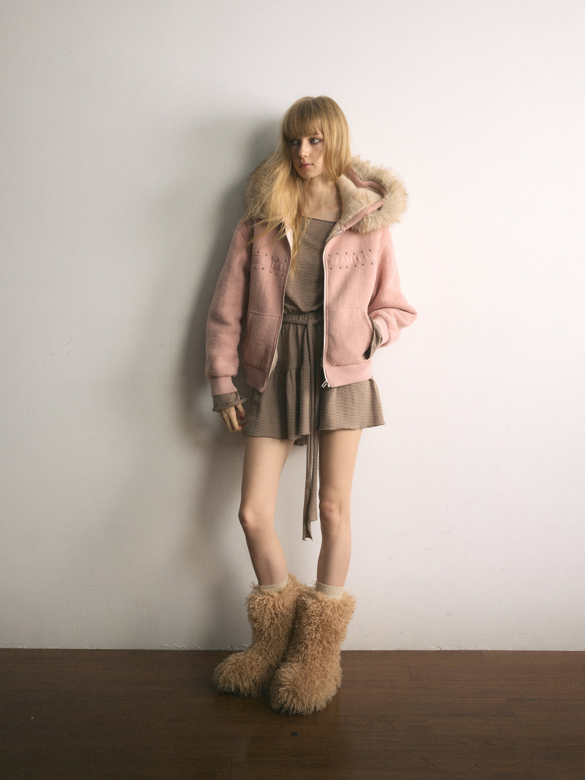 [A001103]Balletcore Shearling Jacket in Soft Matte Pink