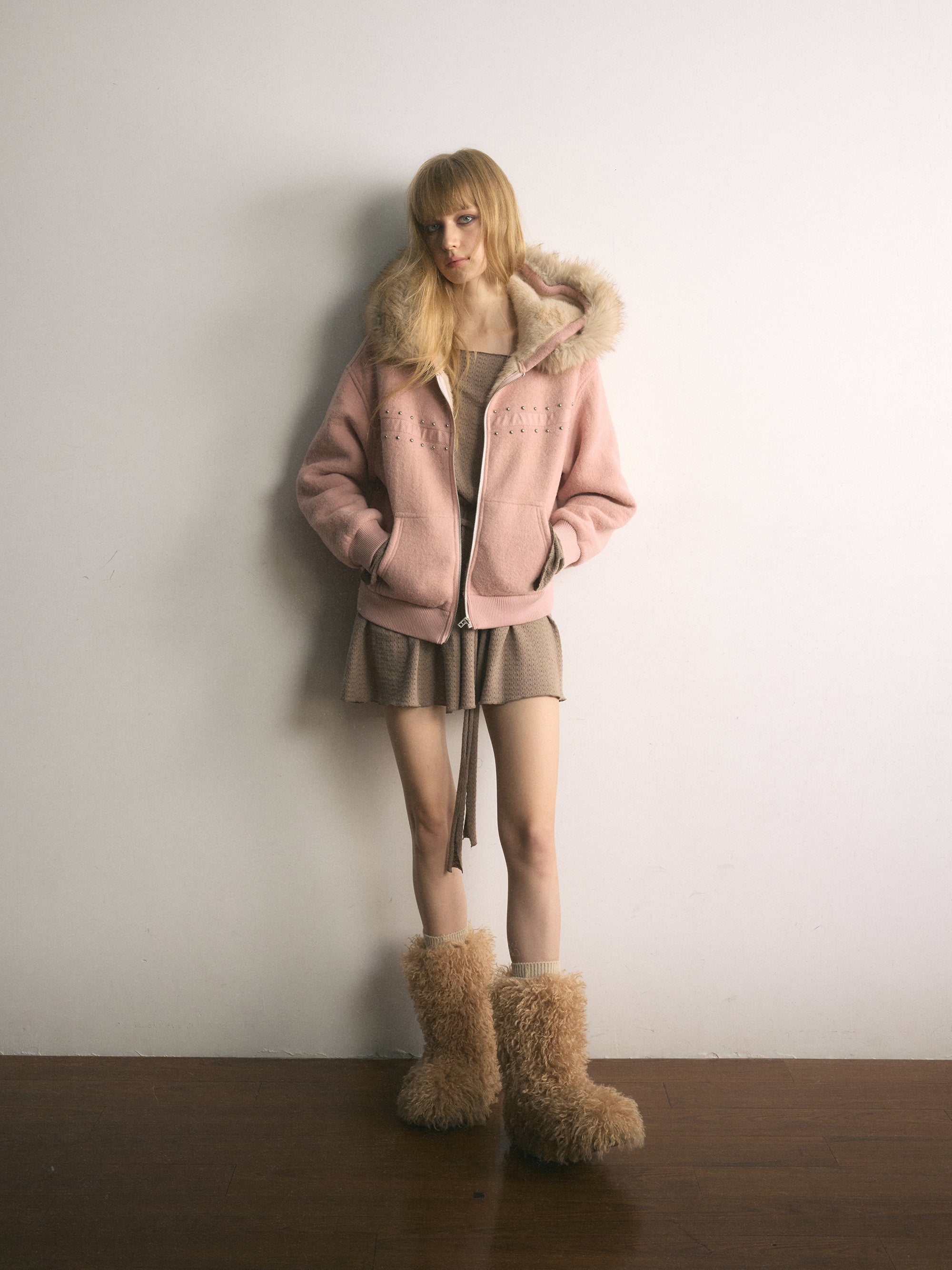 [A001103]Balletcore Shearling Jacket in Soft Matte Pink