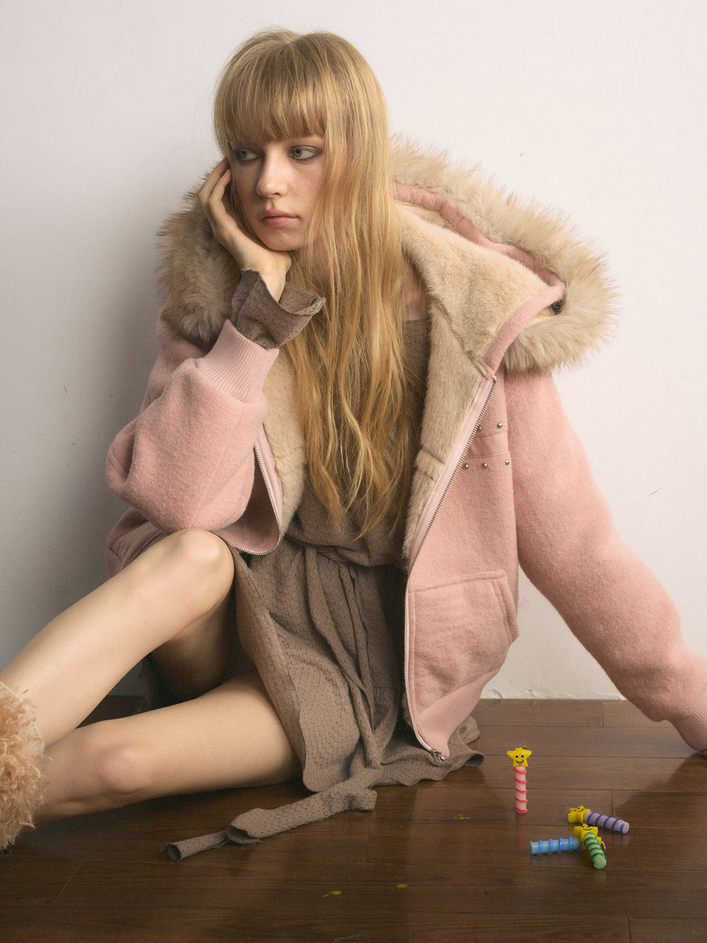 [A001103]Balletcore Shearling Jacket in Soft Matte Pink