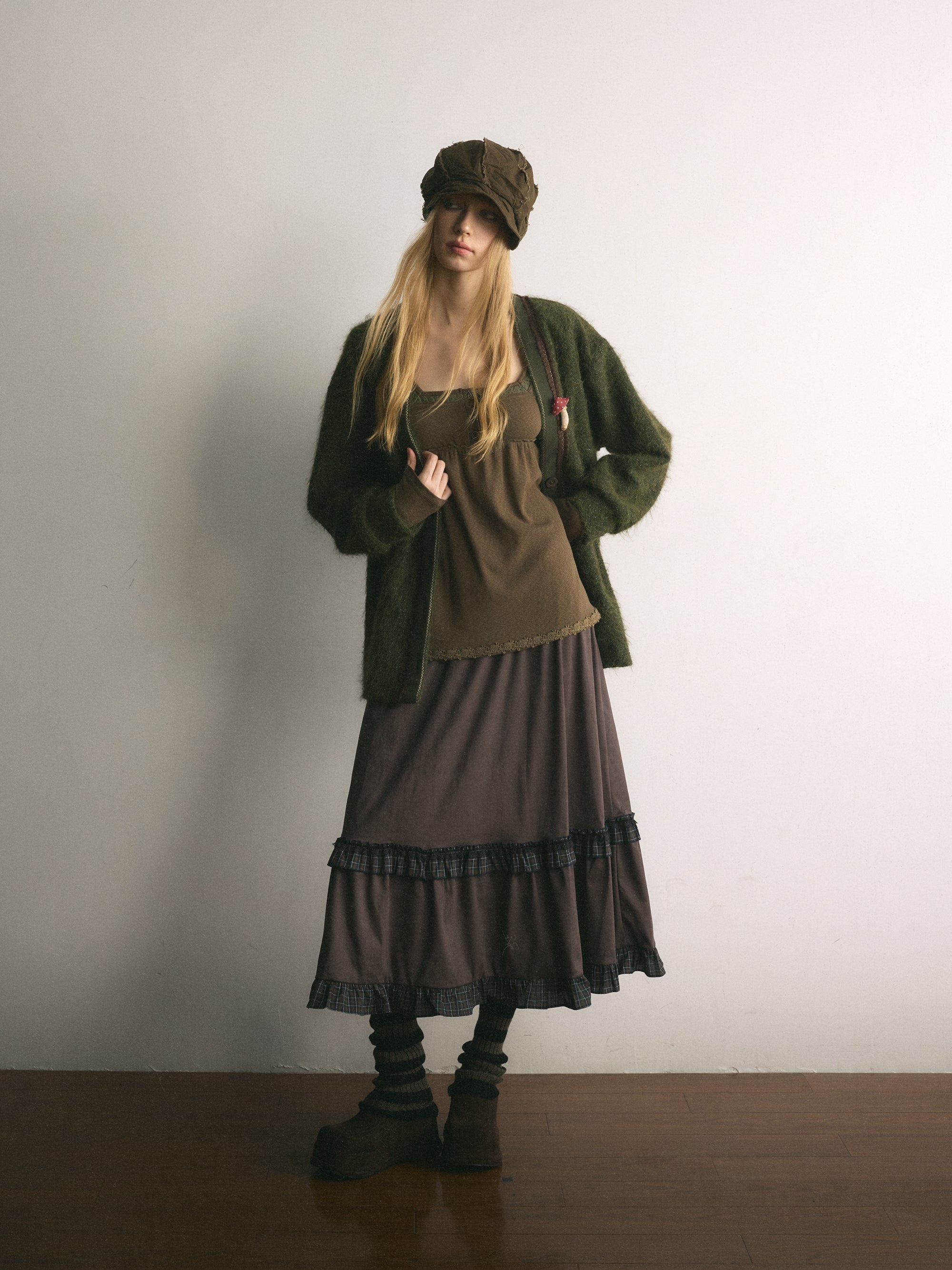 [A001107]Wild Grape Vintage Suede Skirt with Color-Block Plaid