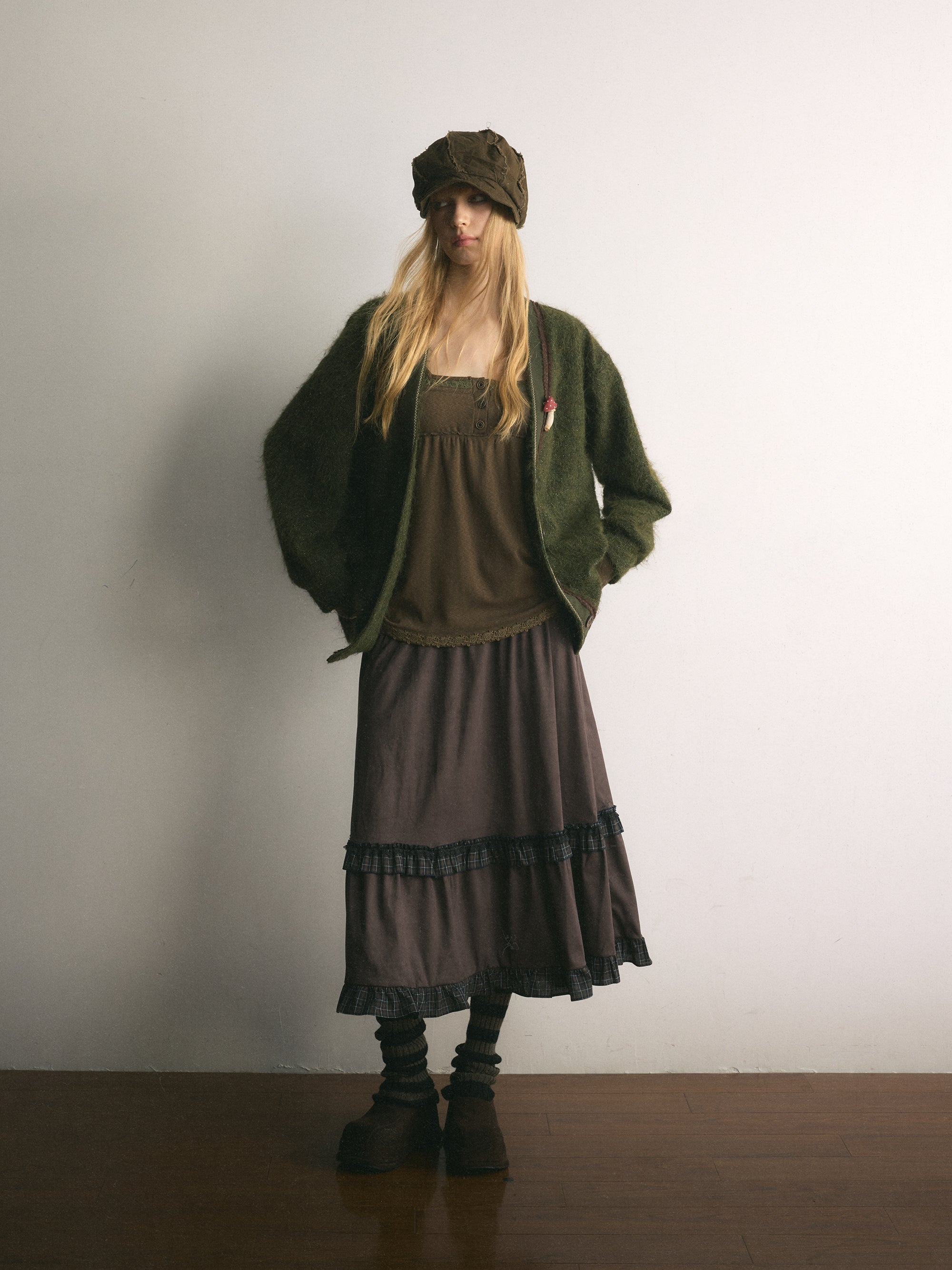 [A001107]Wild Grape Vintage Suede Skirt with Color-Block Plaid