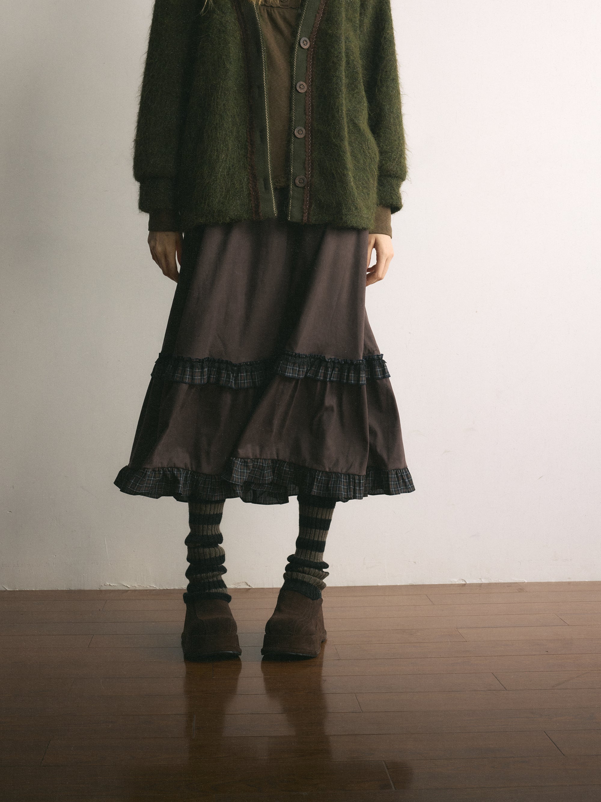 [A001107]Wild Grape Vintage Suede Skirt with Color-Block Plaid