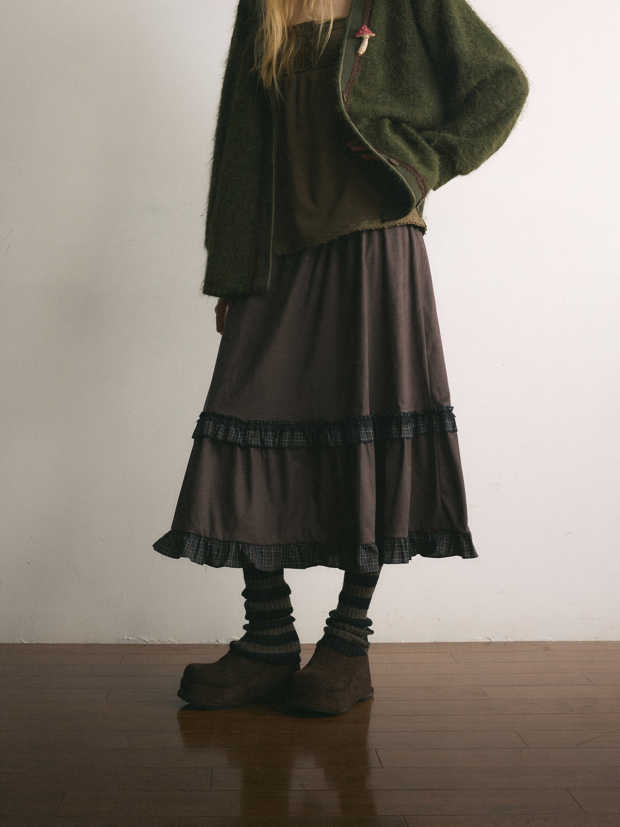 [A001107]Wild Grape Vintage Suede Skirt with Color-Block Plaid