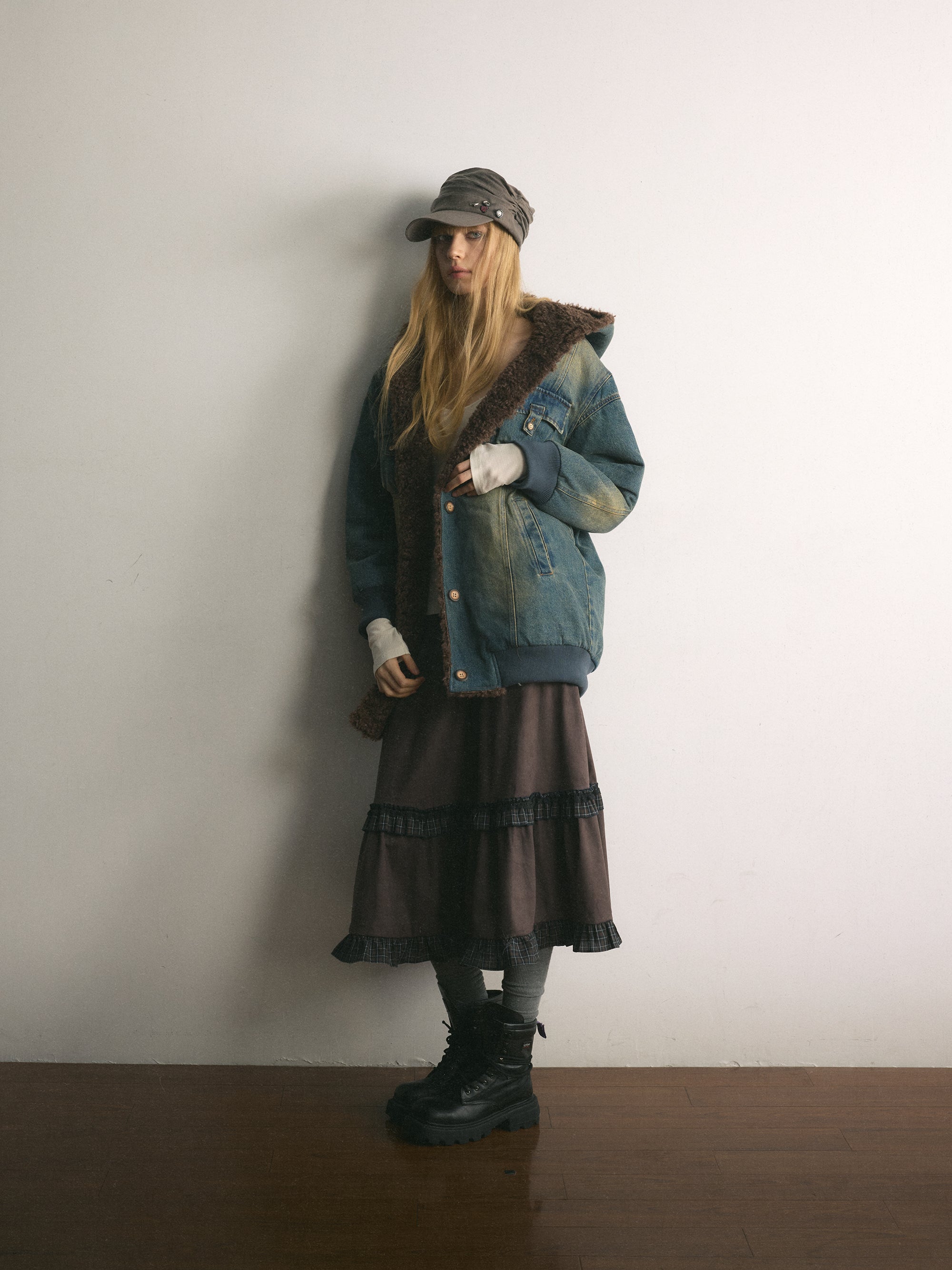 [A001107]Wild Grape Vintage Suede Skirt with Color-Block Plaid