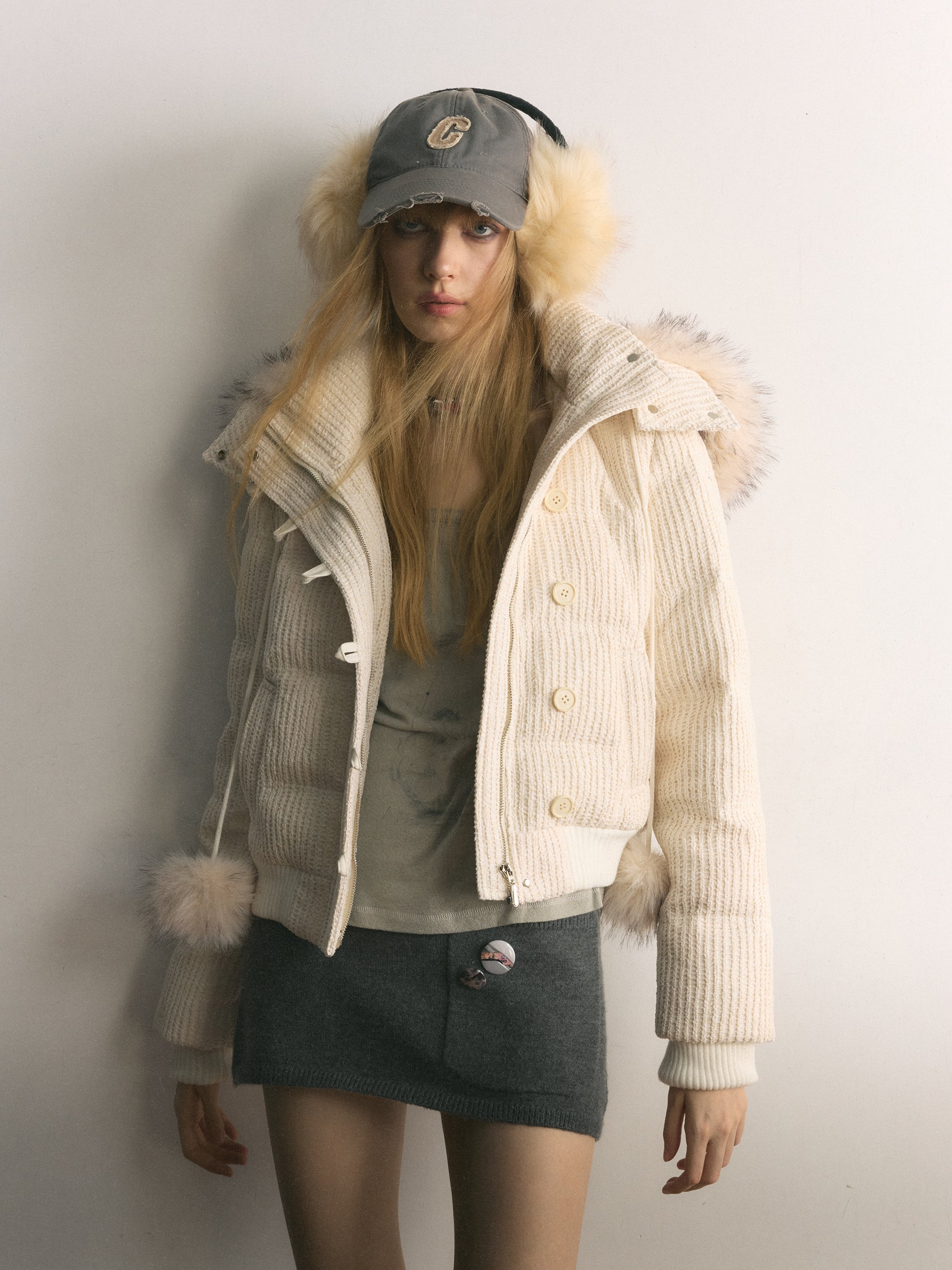 [A001112]Fiona Puffer Jacket with Playful Pom-Pom Details
