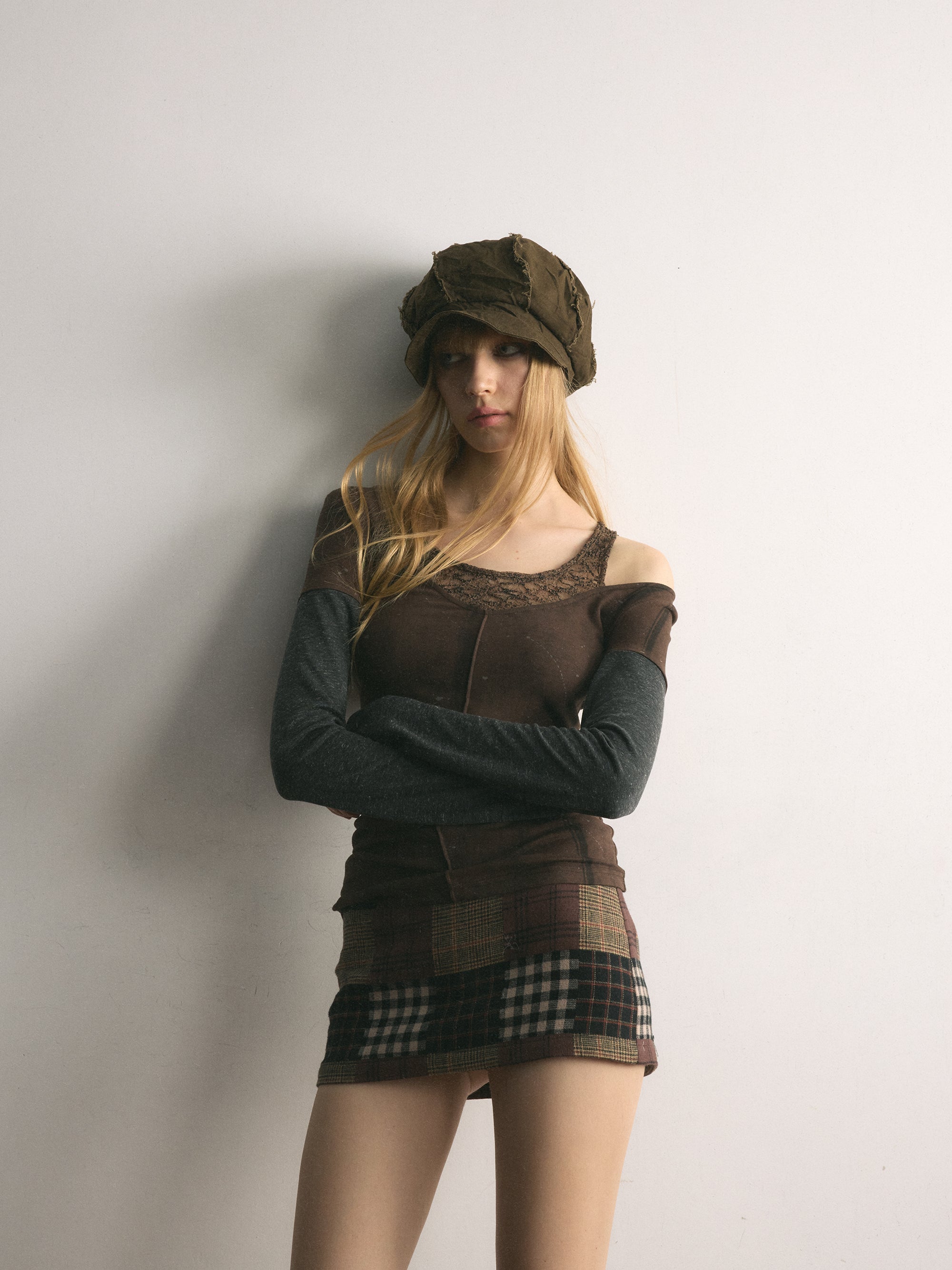 [A001120]Eclectic Mix Plaid Patchwork Mini Skirt