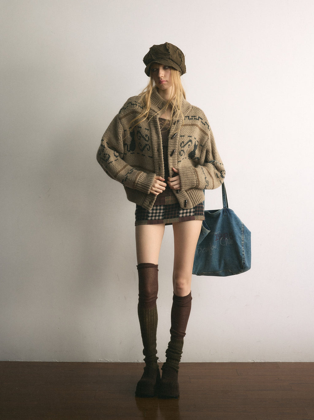 [A001121]Sweater Weather Vintage Cat Fair Isle Knit Cardigan