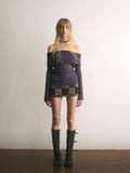 [A001122]Luscious Purple Off-Shoulder Crochet Knit Sweater