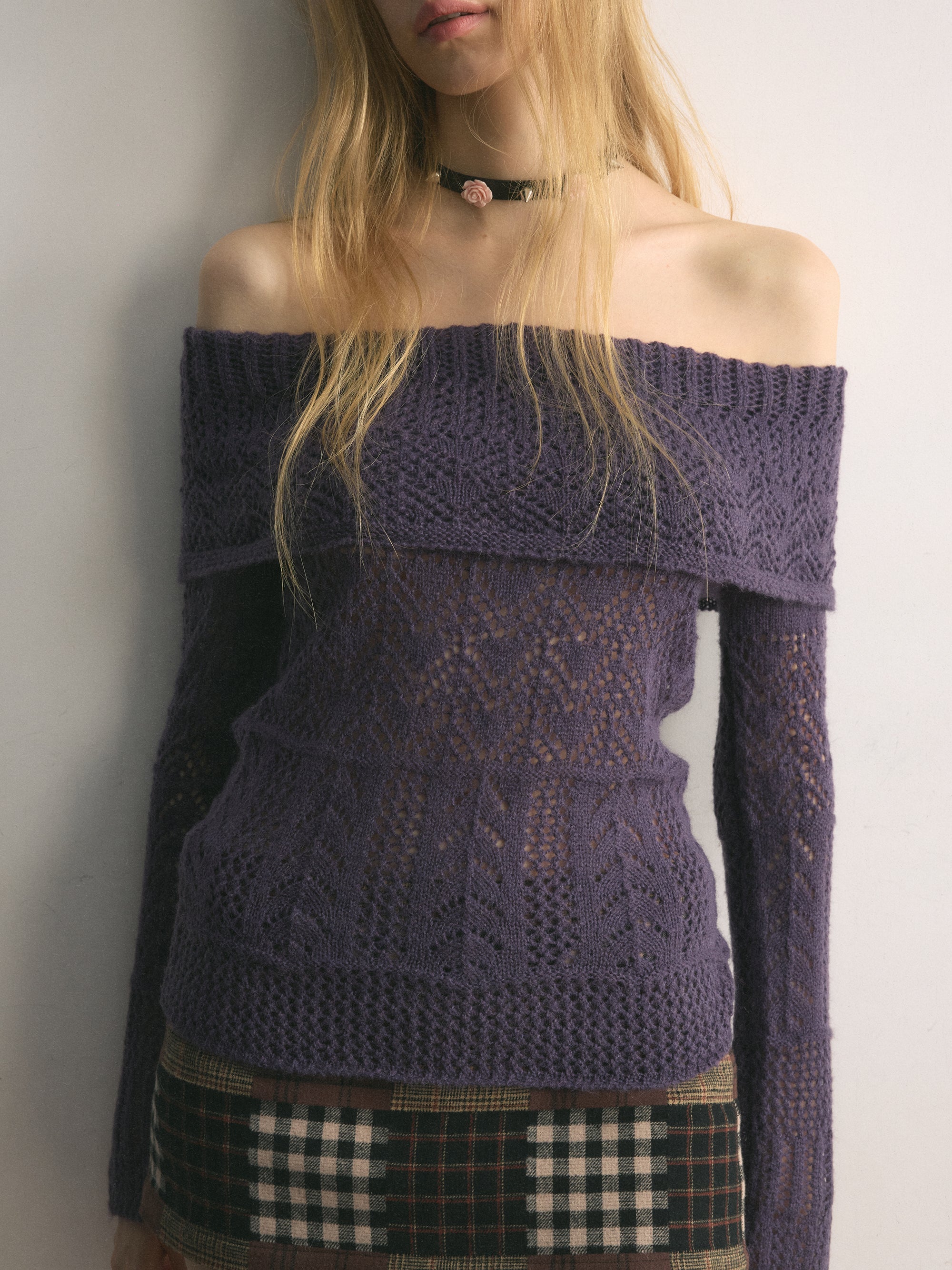 [A001122]Luscious Purple Off-Shoulder Crochet Knit Sweater