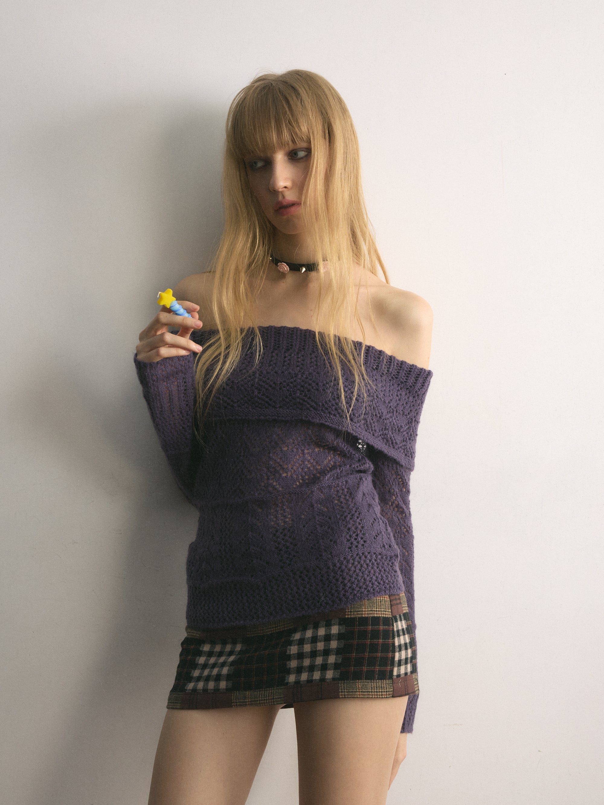 [A001122]Luscious Purple Off-Shoulder Crochet Knit Sweater