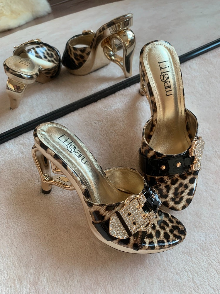 Gold leopard print heart heel high heels with crystal buckle