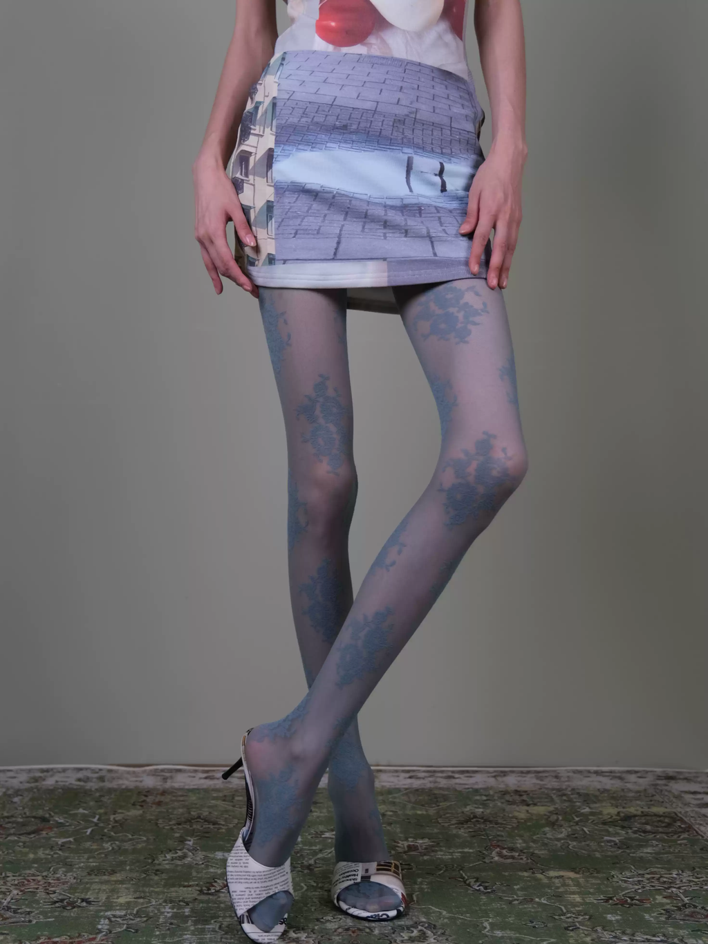 Blue Floral Lace Tights - Elegant Vintage Sheer Patterned Stockings