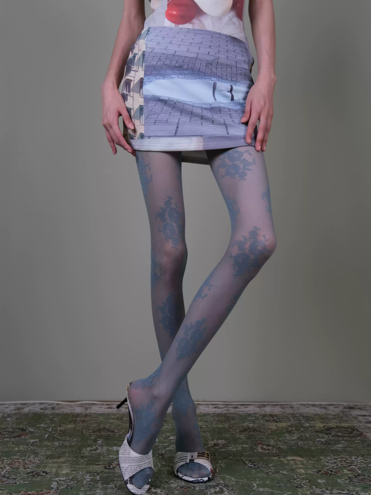 Blue Floral Lace Tights - Elegant Vintage Sheer Patterned Stockings