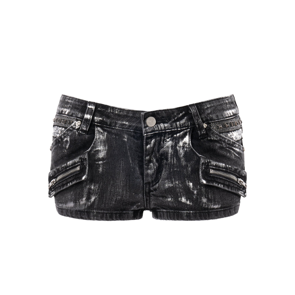 Roxy Low-Rise Silver Foil Distressed Multi-Pocket Cargo Denim Shorts