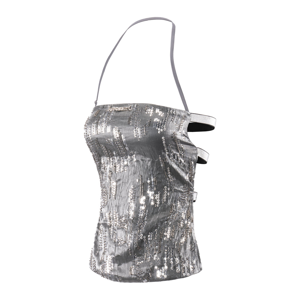 Roxy Metallic Crystal Halter Backless Top with Adjustable Glitter Elastic Straps