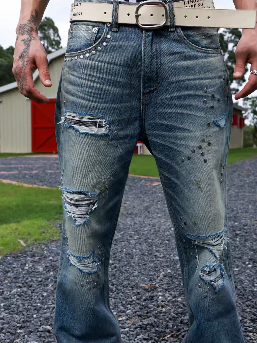 Houndstooth 646 Flare Jeans — Distressed Patches, 3D Whiskering & Studs