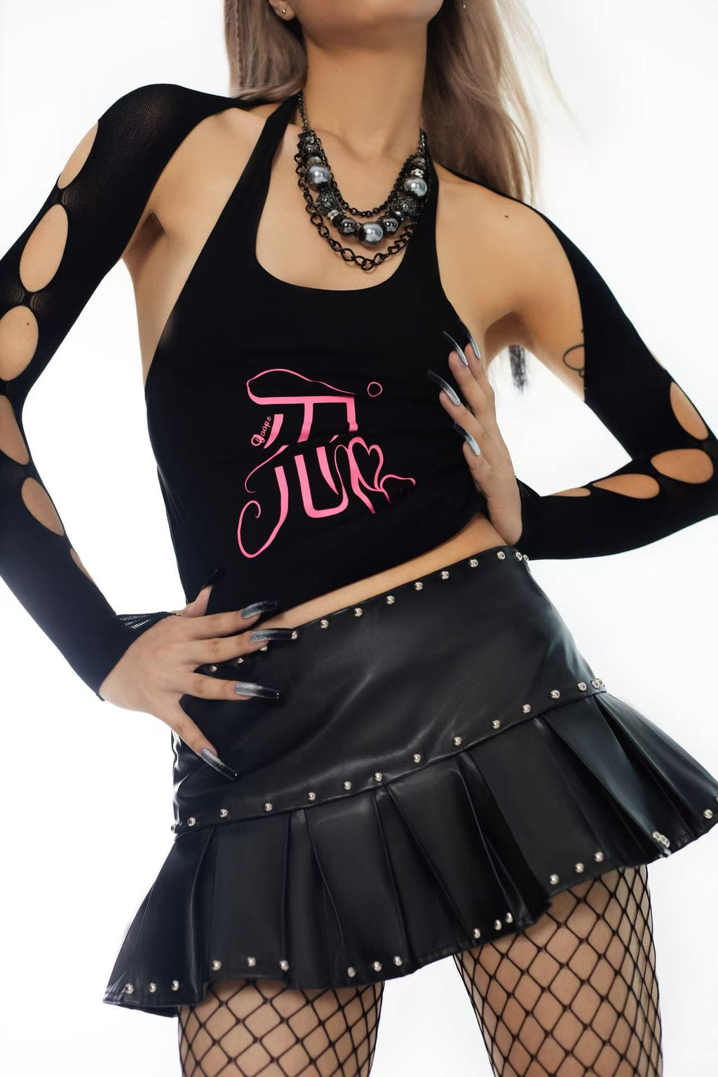 Ooops333 Icon Black Studded Pleated Low-Rise Skort