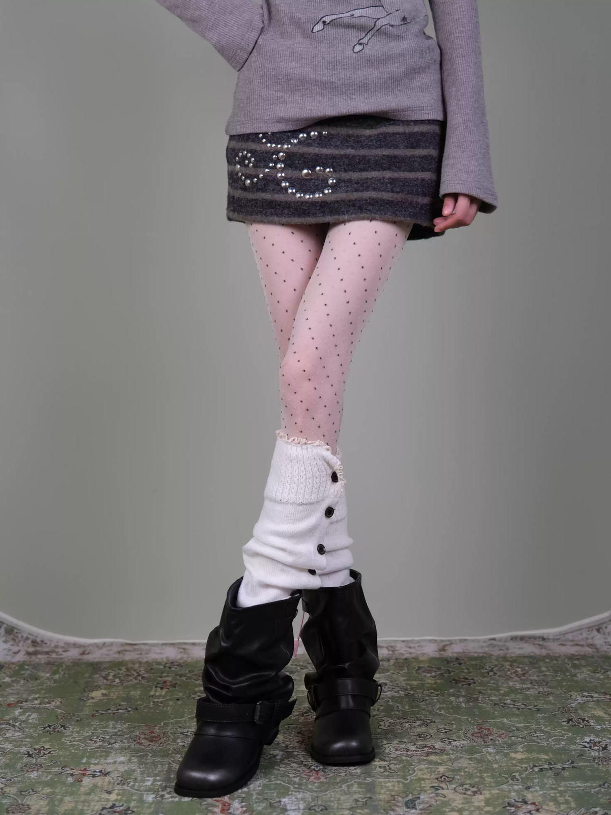 Polka Dot Tights & White Leg Warmers Set - Vintage Coquette Art School Style