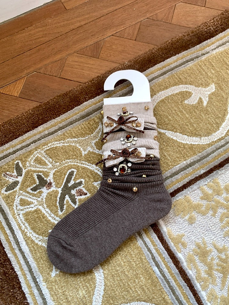 Rhinestone Bow Embellished Knit Calf Socks