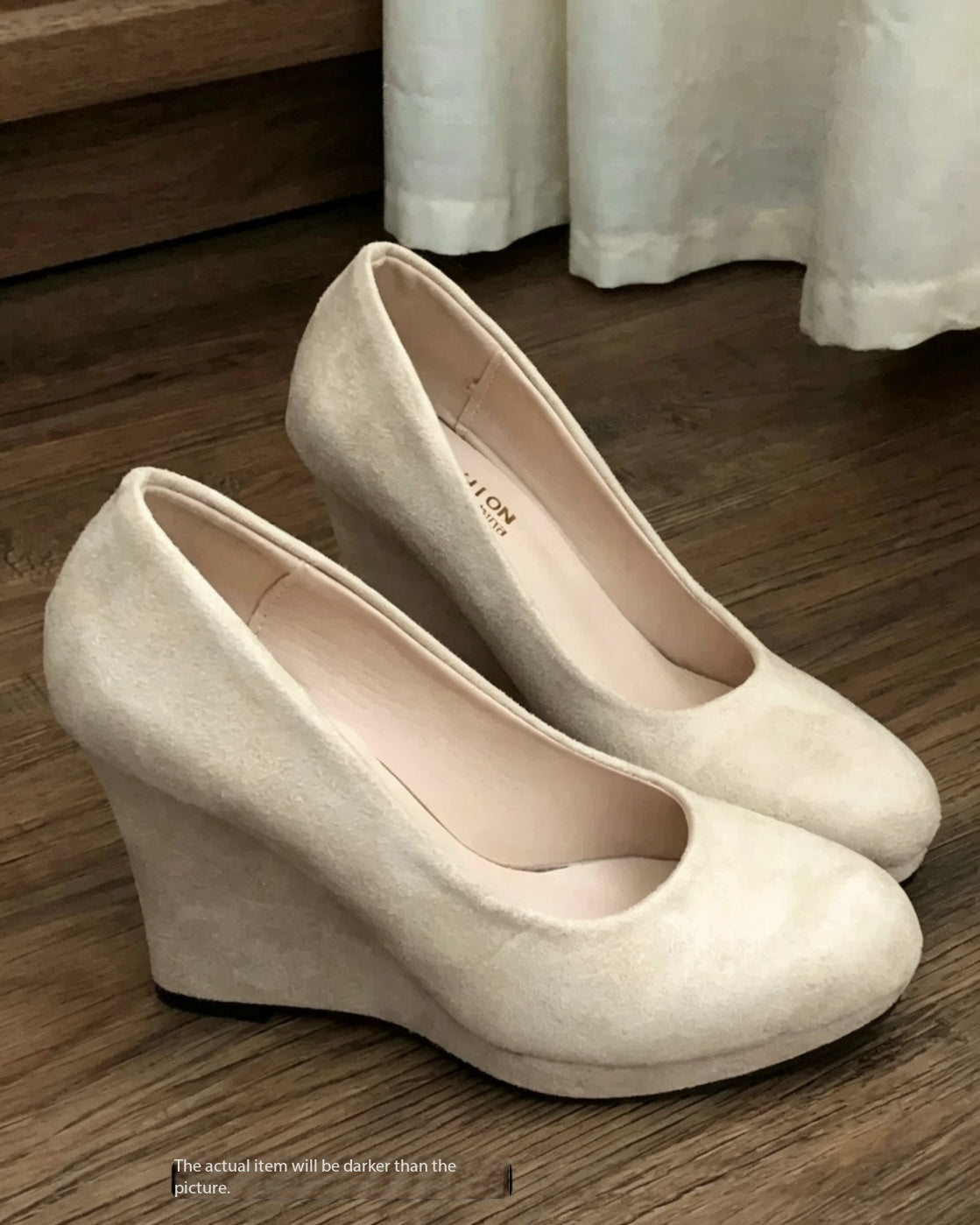Nude Suede Wedge Heel Low-Cut Pumps