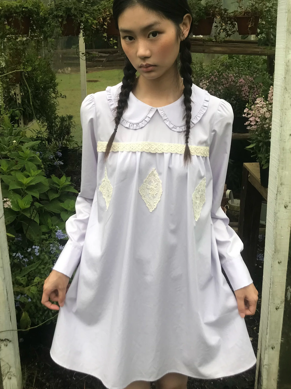Lavender Peter Pan Collar Babydoll Dress with Lace Trim