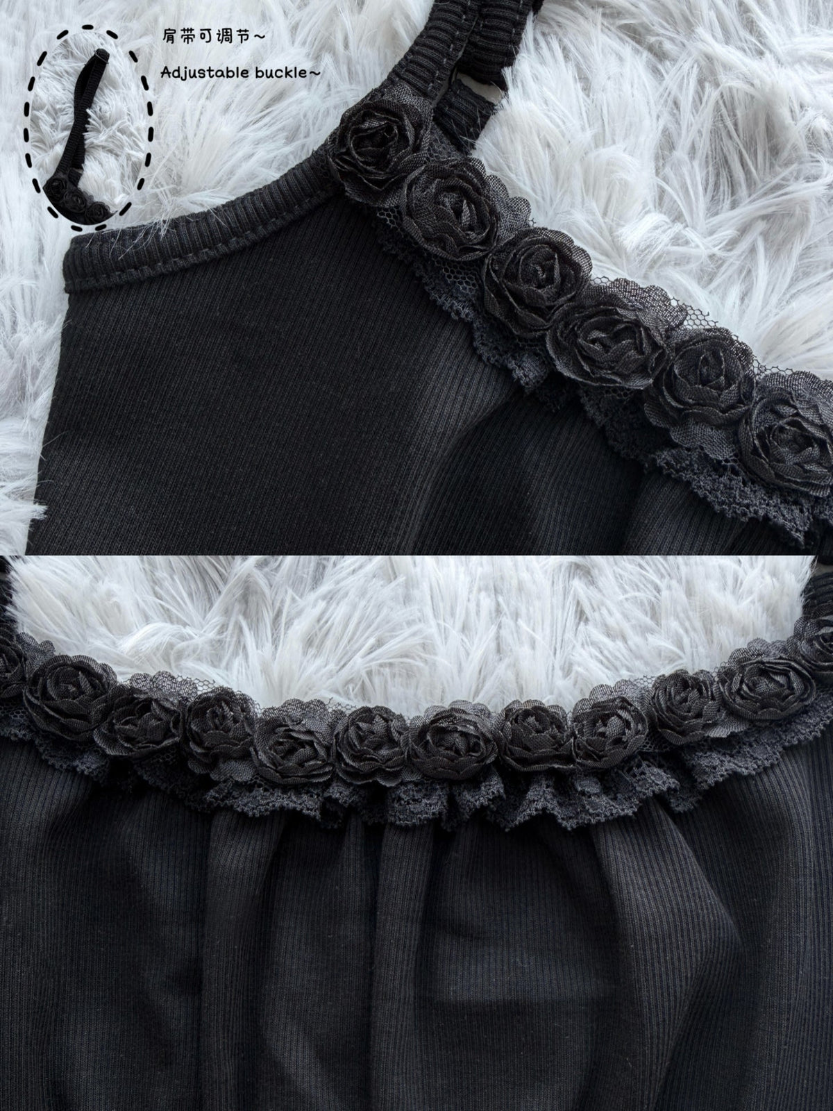 Black Rose Lace Cami Top – Slim Ribbed Dark Coquette