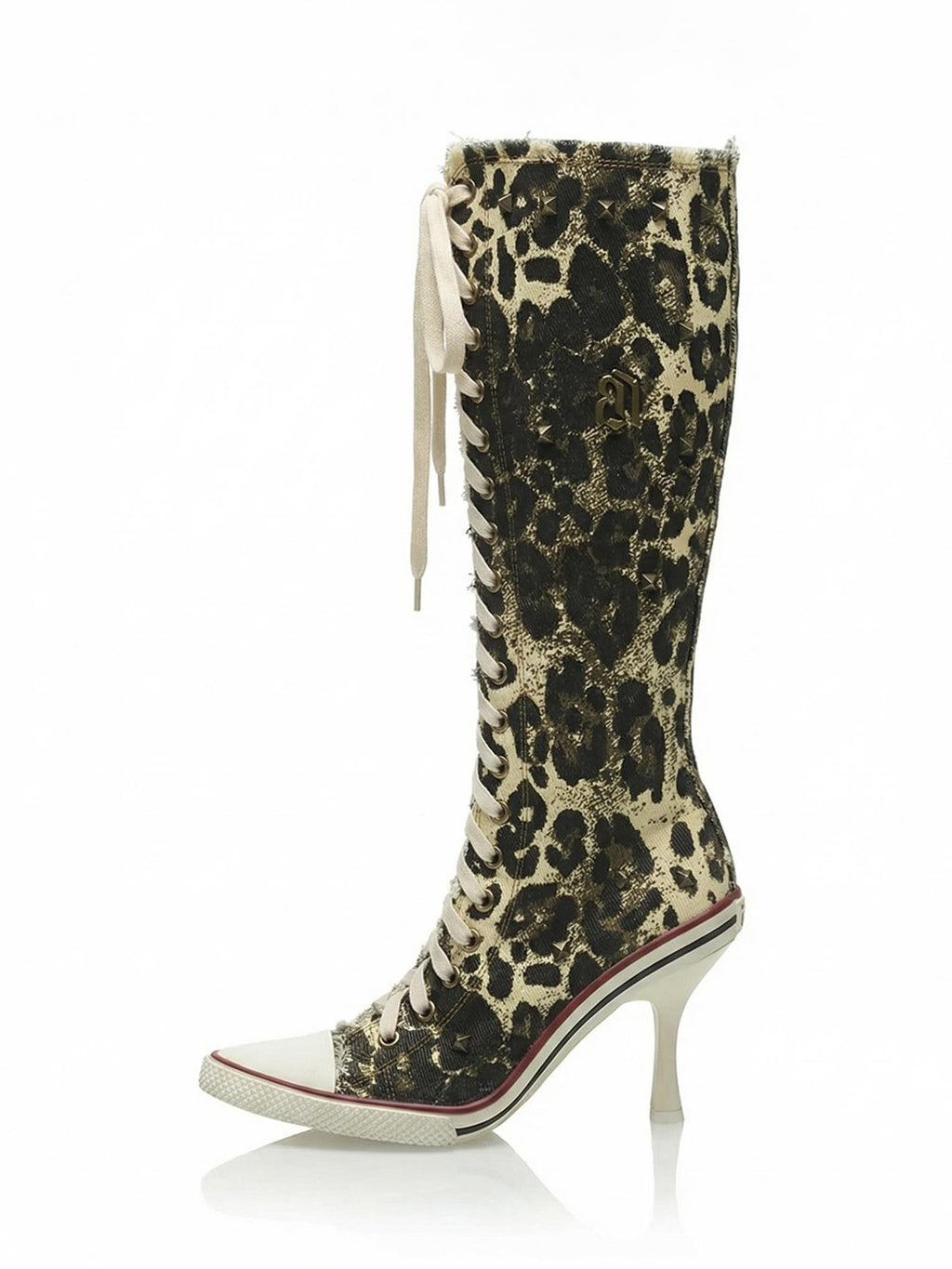 Distressed Denim Lace-Up High Heel Knee-High Boots