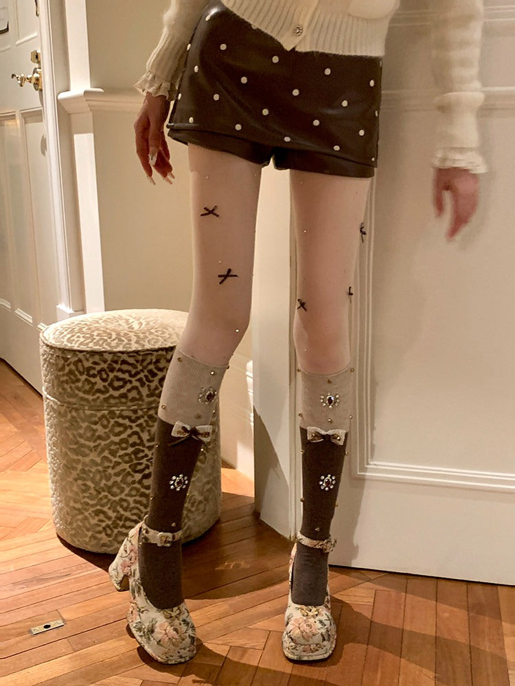 Rhinestone Bow Embellished Knit Calf Socks