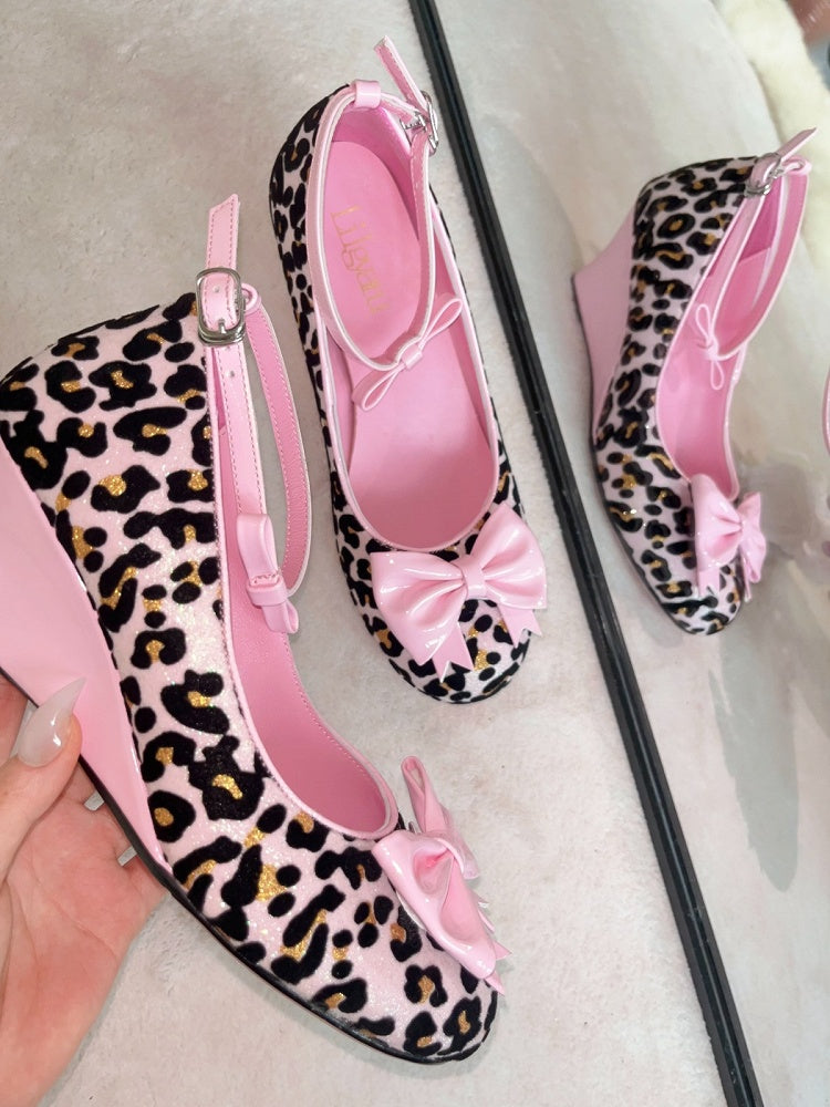Leopard Print Gyaru Shoes – 6cm Slope Heel with Pink Bow & Glitter Details (Size 38)