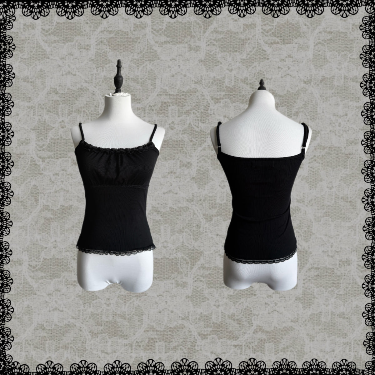 Black Rose Lace Cami Top – Slim Ribbed Dark Coquette