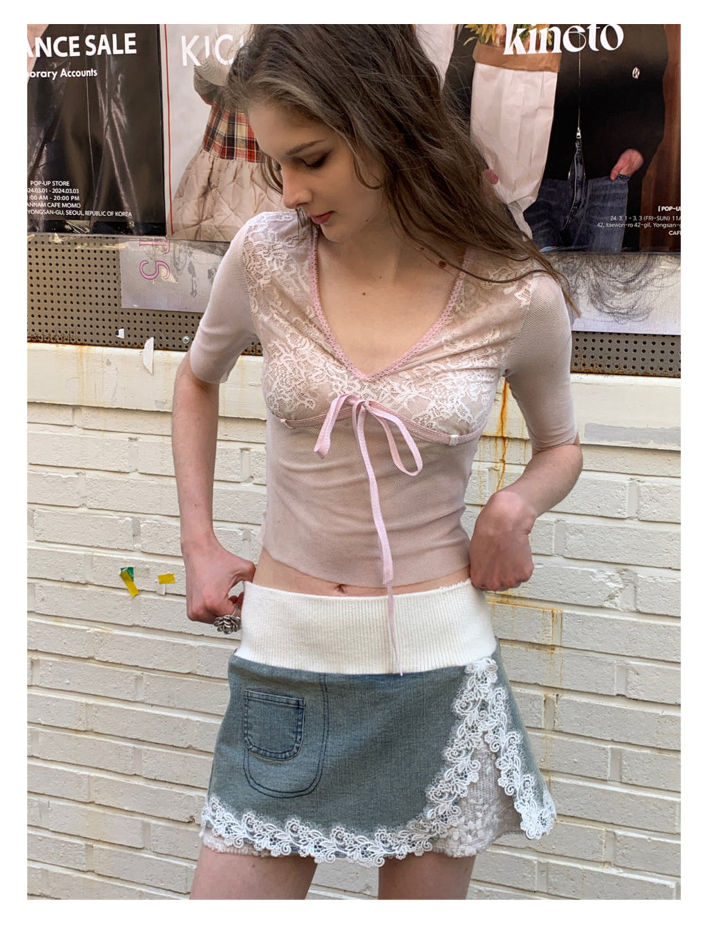 [F00103]Denim Lace Half Dress