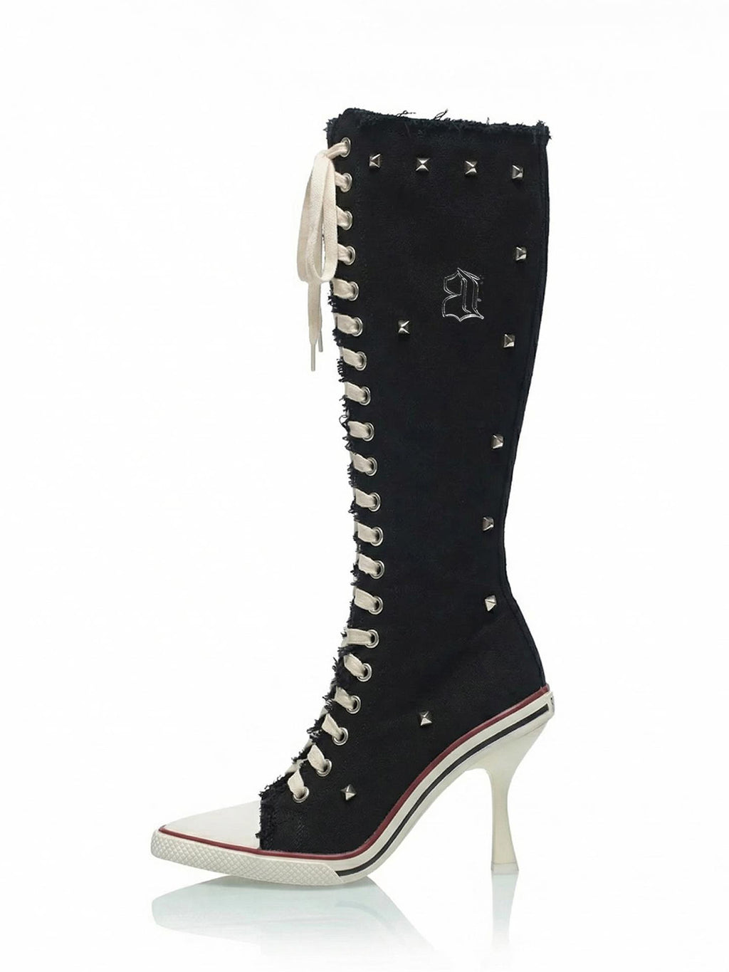 Distressed Lace-Up High Heel Knee-High Boots