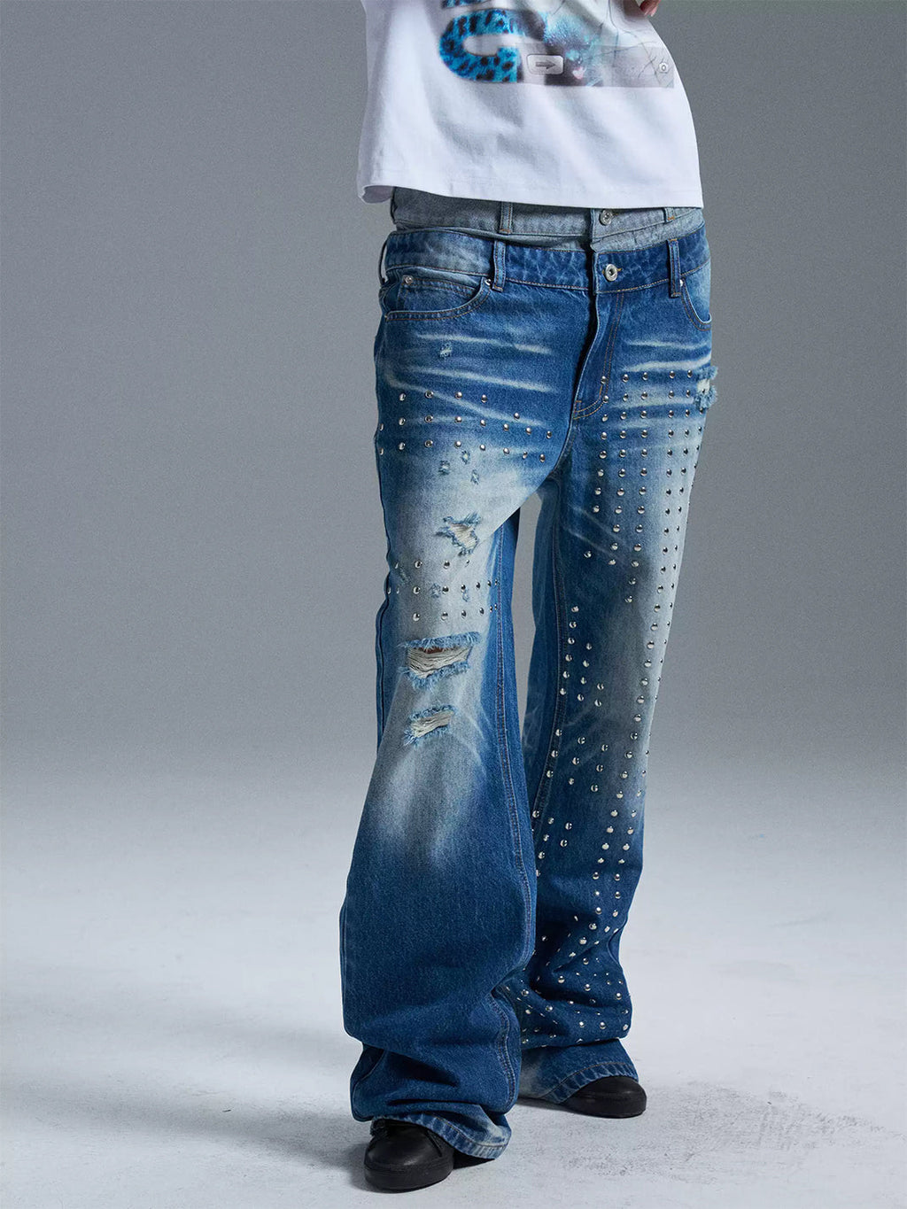 PAIKI Union Jack Rivet Rhinestone Double Waist Ripped Jeans