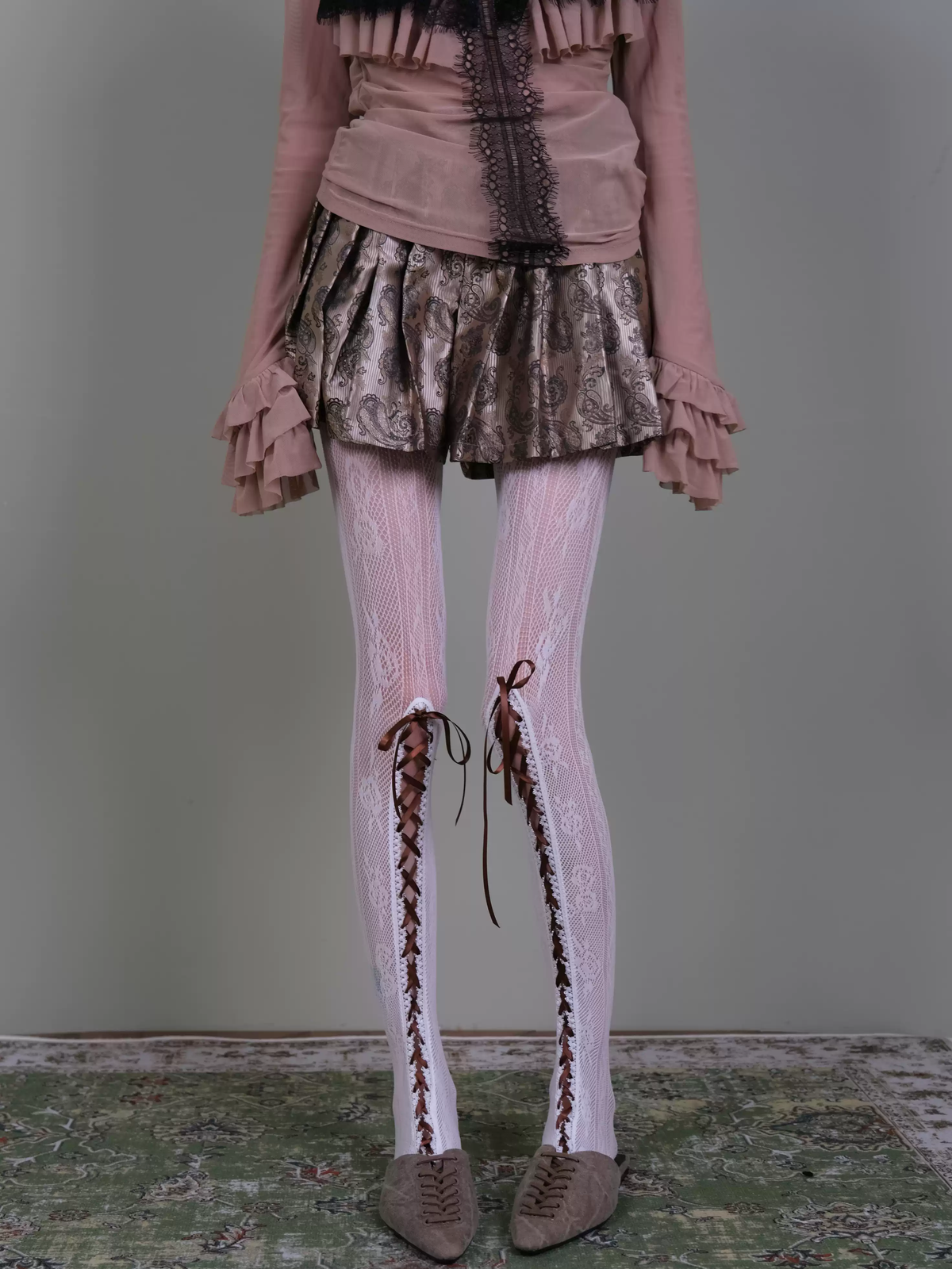 White Lace-Up Tights - Coquette Dark Romance Floral Lace Stockings