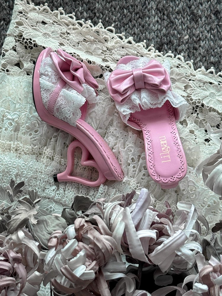 Pink Heart Heel Gyaru Slingback Shoes – 9.5cm Heels with Bowknot & Lace Details