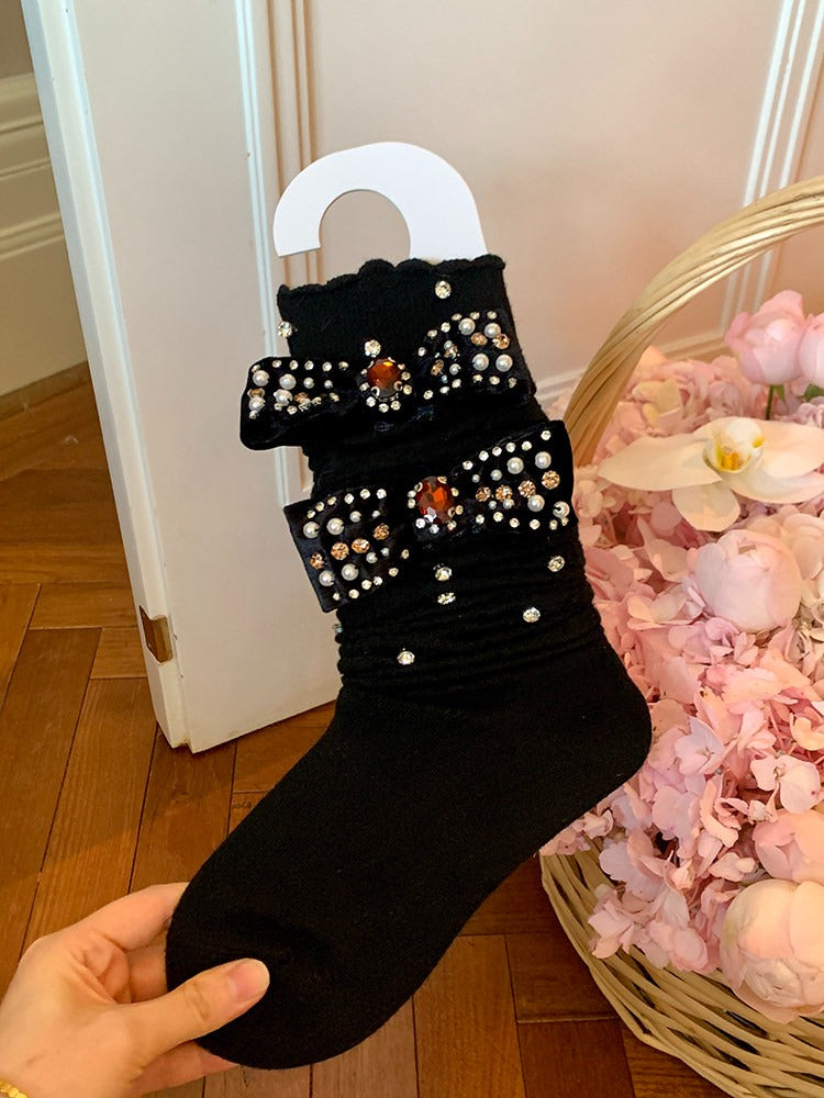 Oversized Rhinestone Bow Knit Calf Socks