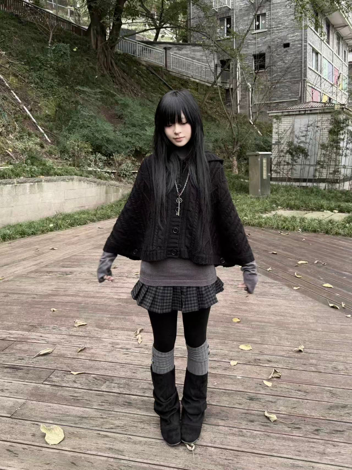 Vintage Knit Hooded Poncho – Batwing Sleeves, Grey & Black Wool Blend
