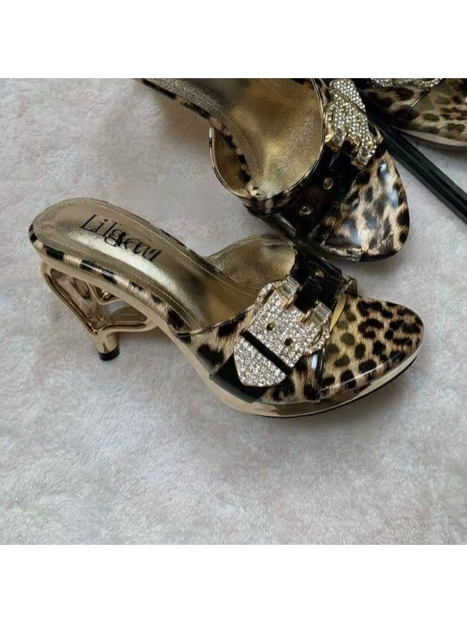 Gold Leopard Print Heart Heel High Heels – 9.5cm Gyaru Pumps with Crystal Buckle