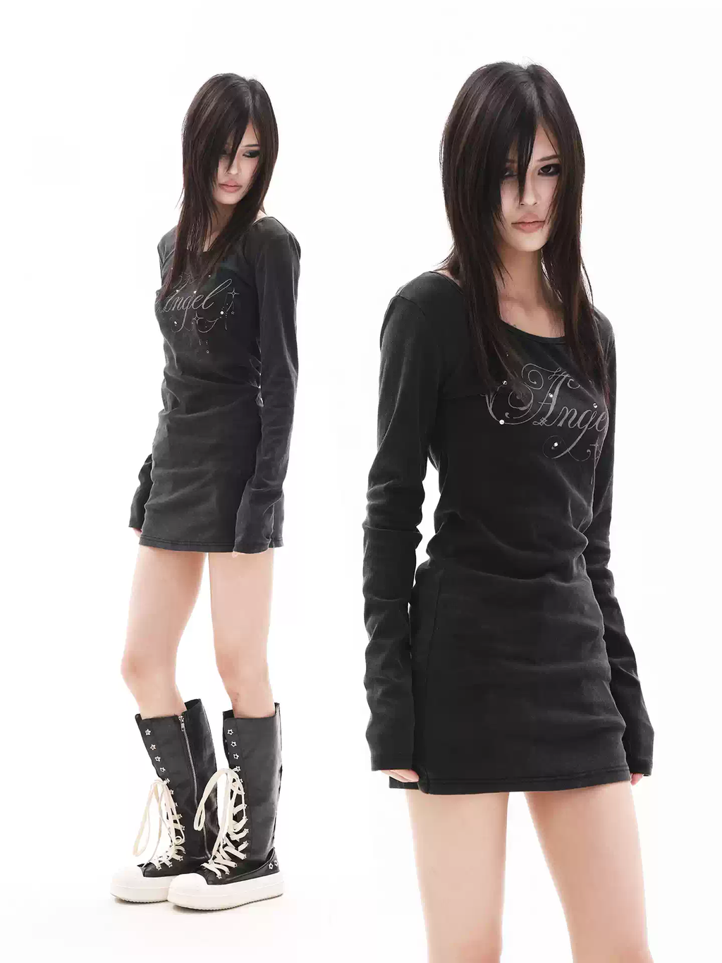DETW Vintage Wing Rhinestone Washed Black Long Sleeve Bodysuit