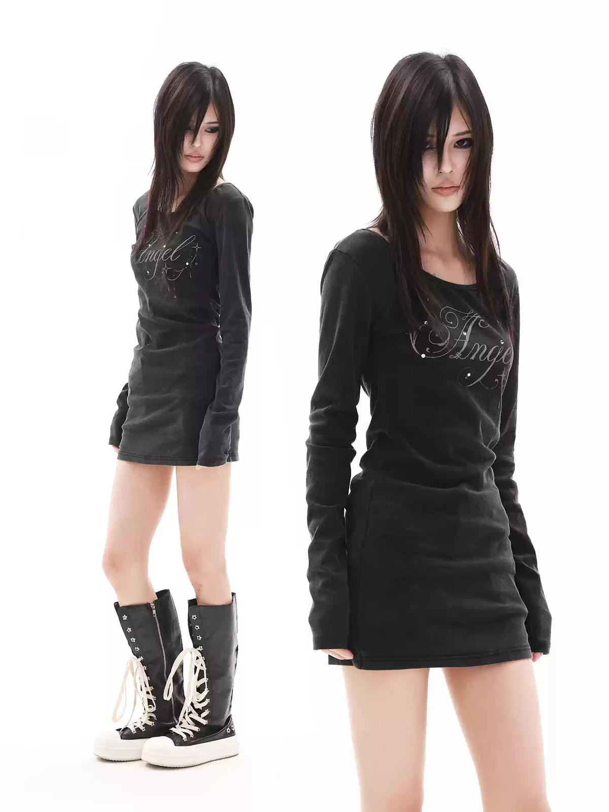 DETW Vintage Wing Rhinestone Washed Black Long Sleeve Bodysuit