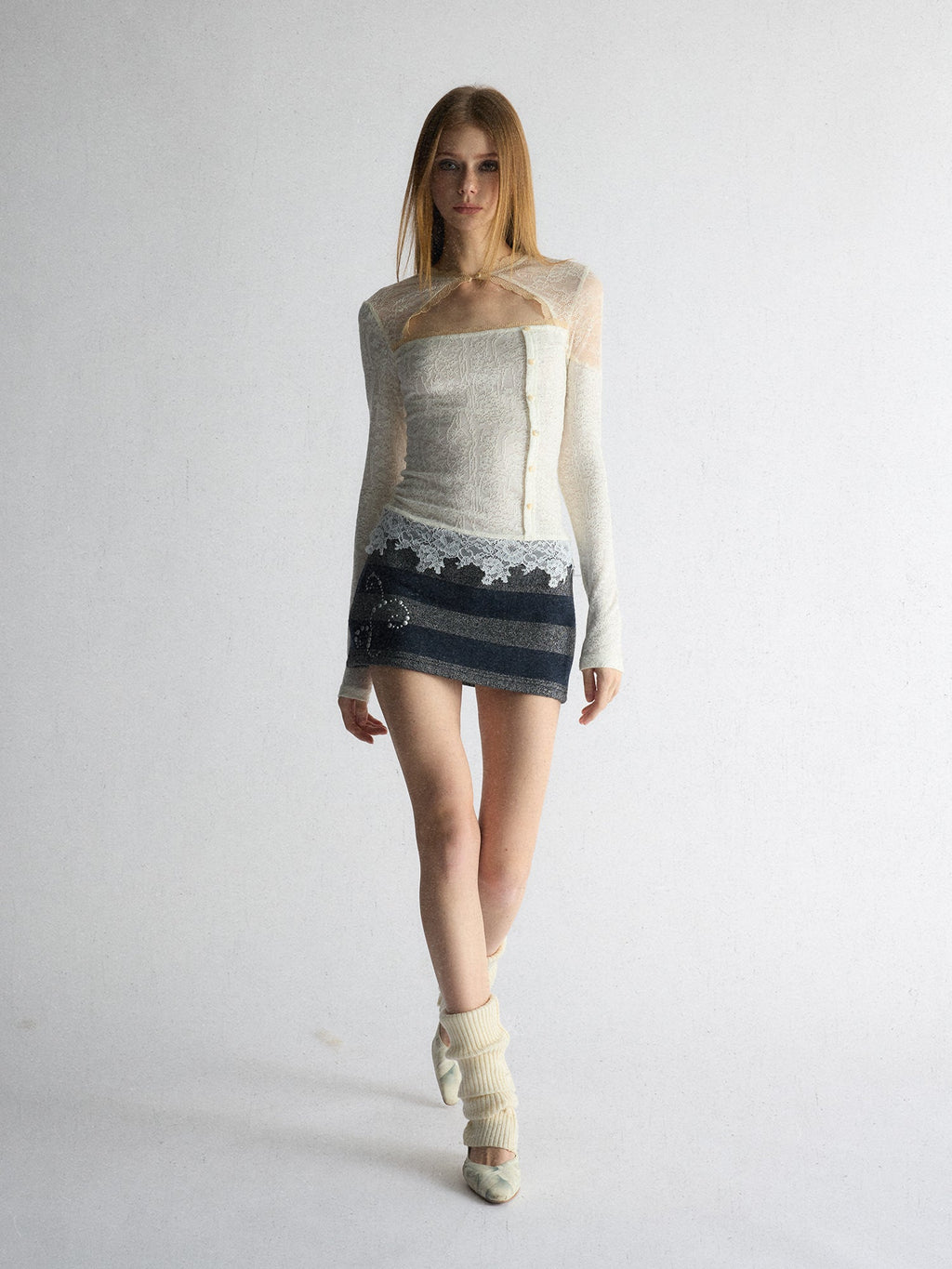 [A001155]Cool-Girl Deconstructed Lace Panel Tee
