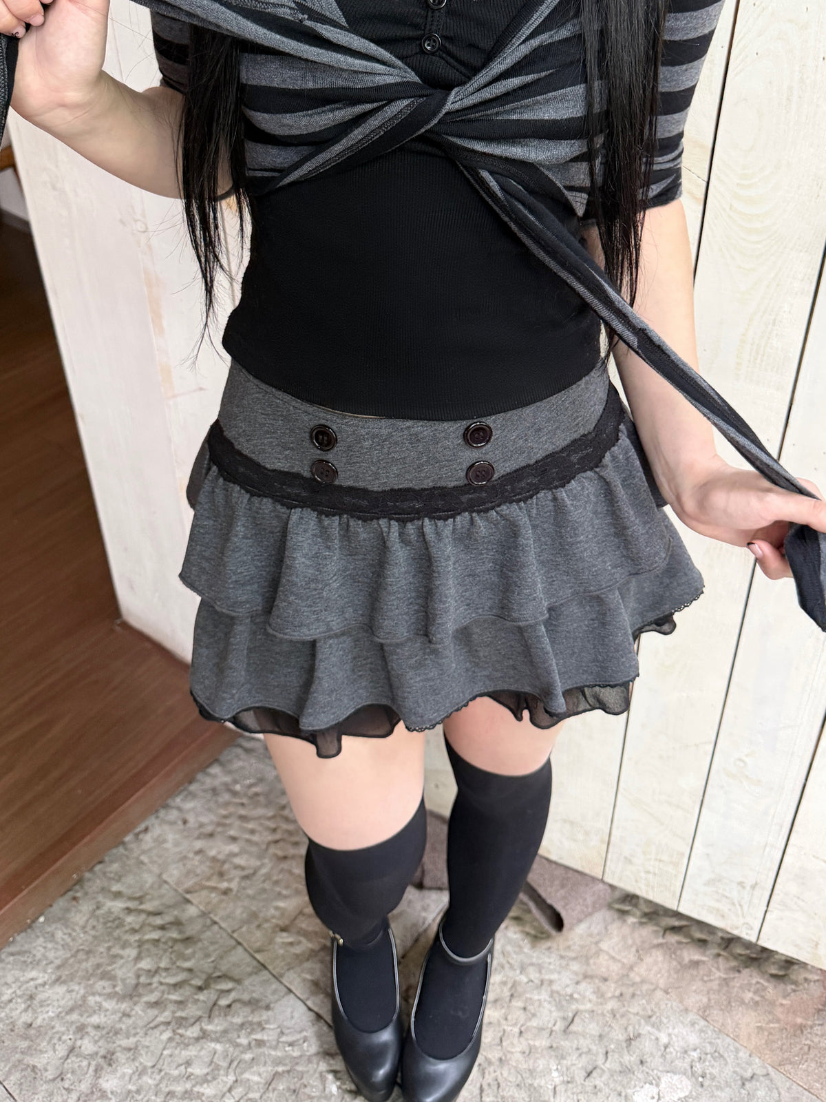 Vintage Button A-Line Mini Skirt with Built-in Shorts
