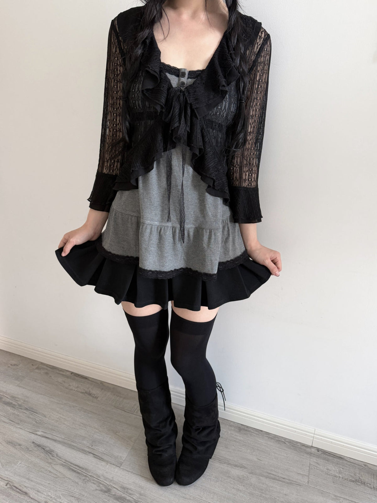 Black Lace Tie-Front Ruffle Hem Cardigan