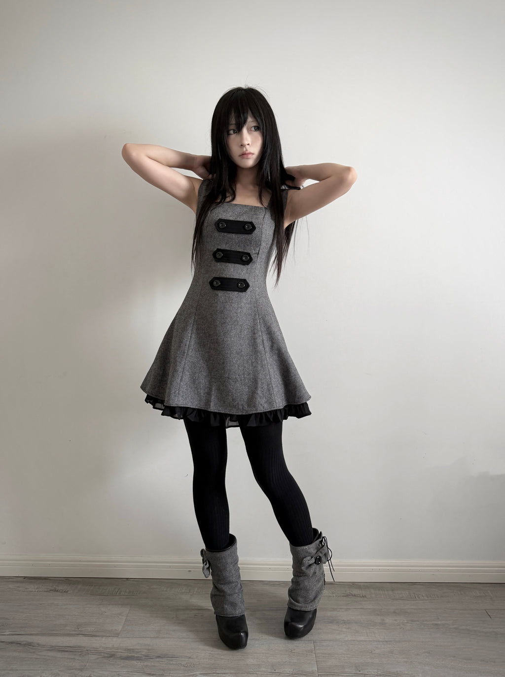 Limited-Run Retro Herringbone Long Pinafore Dress – Wool Blend with Strap Loops & Double-Breasted Buttons