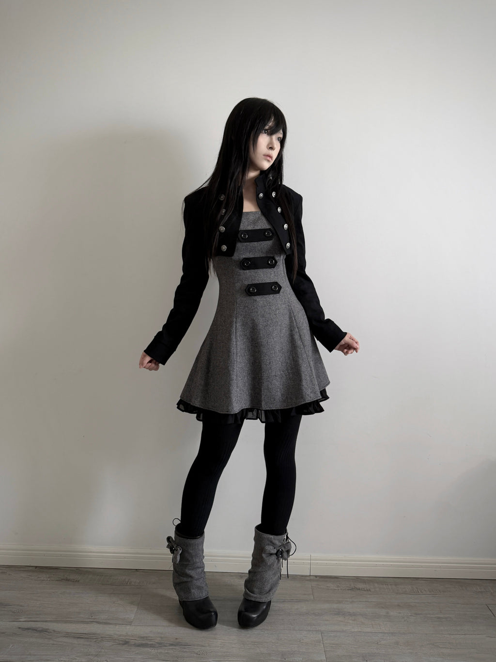 Limited-Run Retro Herringbone Long Pinafore Dress – Wool Blend with Strap Loops & Double-Breasted Buttons
