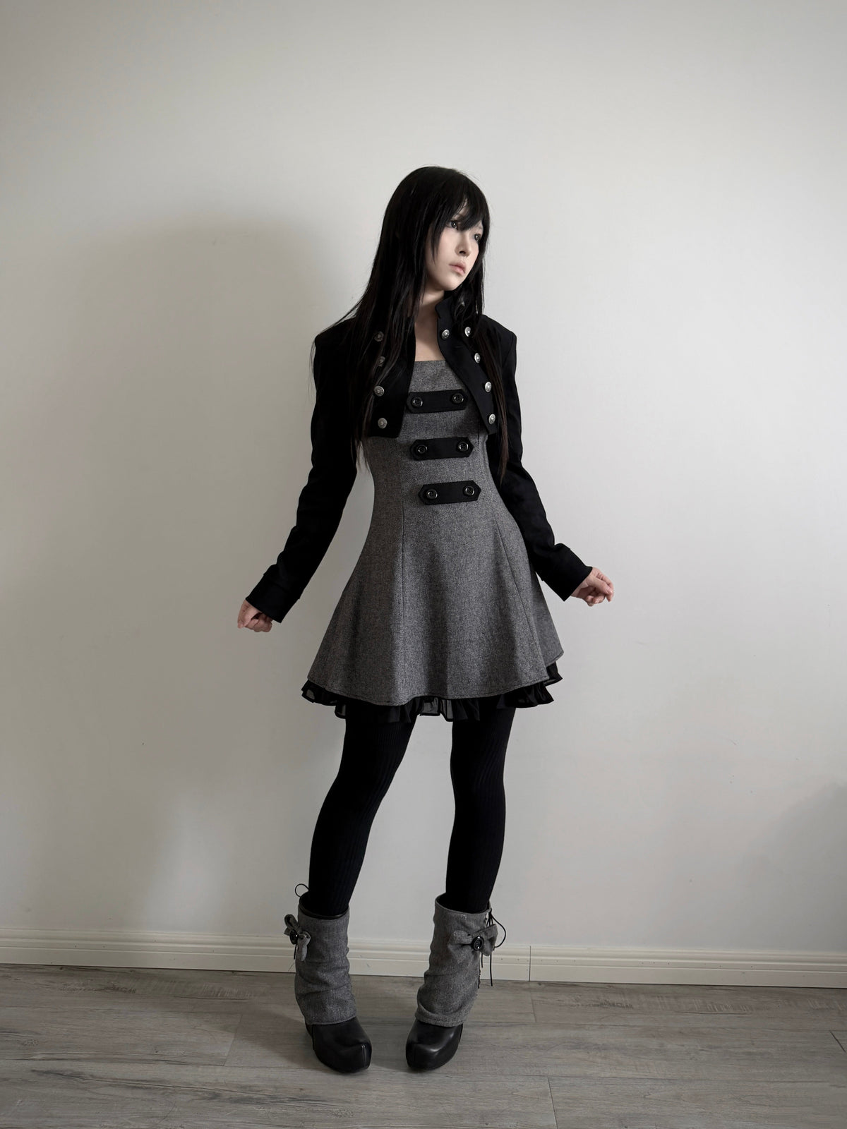 Limited-Run Retro Herringbone Long Pinafore Dress – Wool Blend with Strap Loops & Double-Breasted Buttons