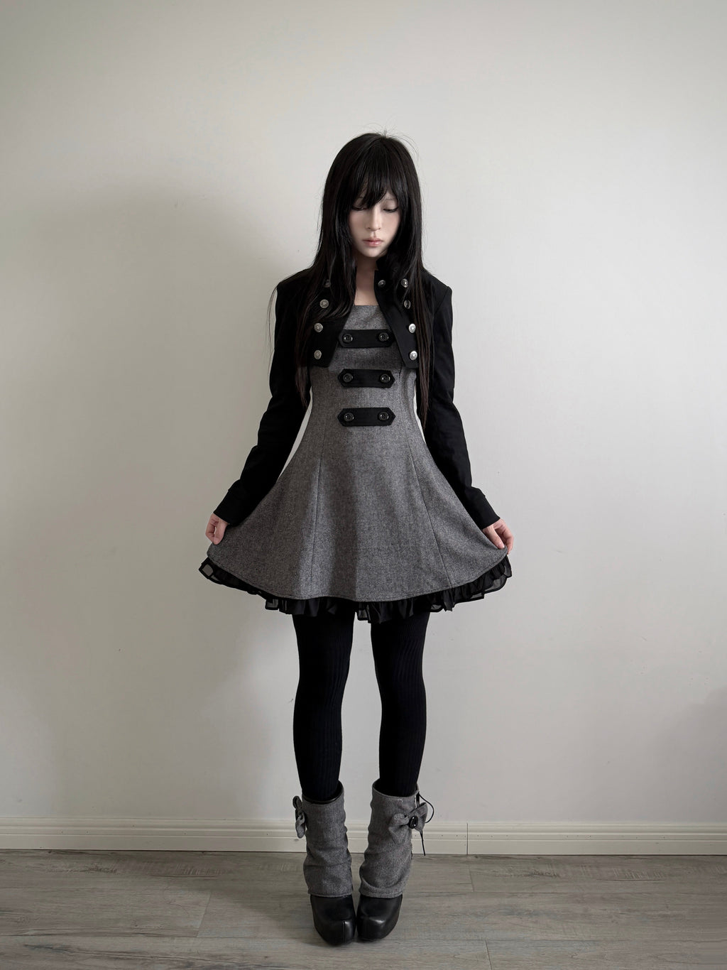 Stand-Collar Double-Breasted Twill Cropped Jacket – Black Dark Aesthetic