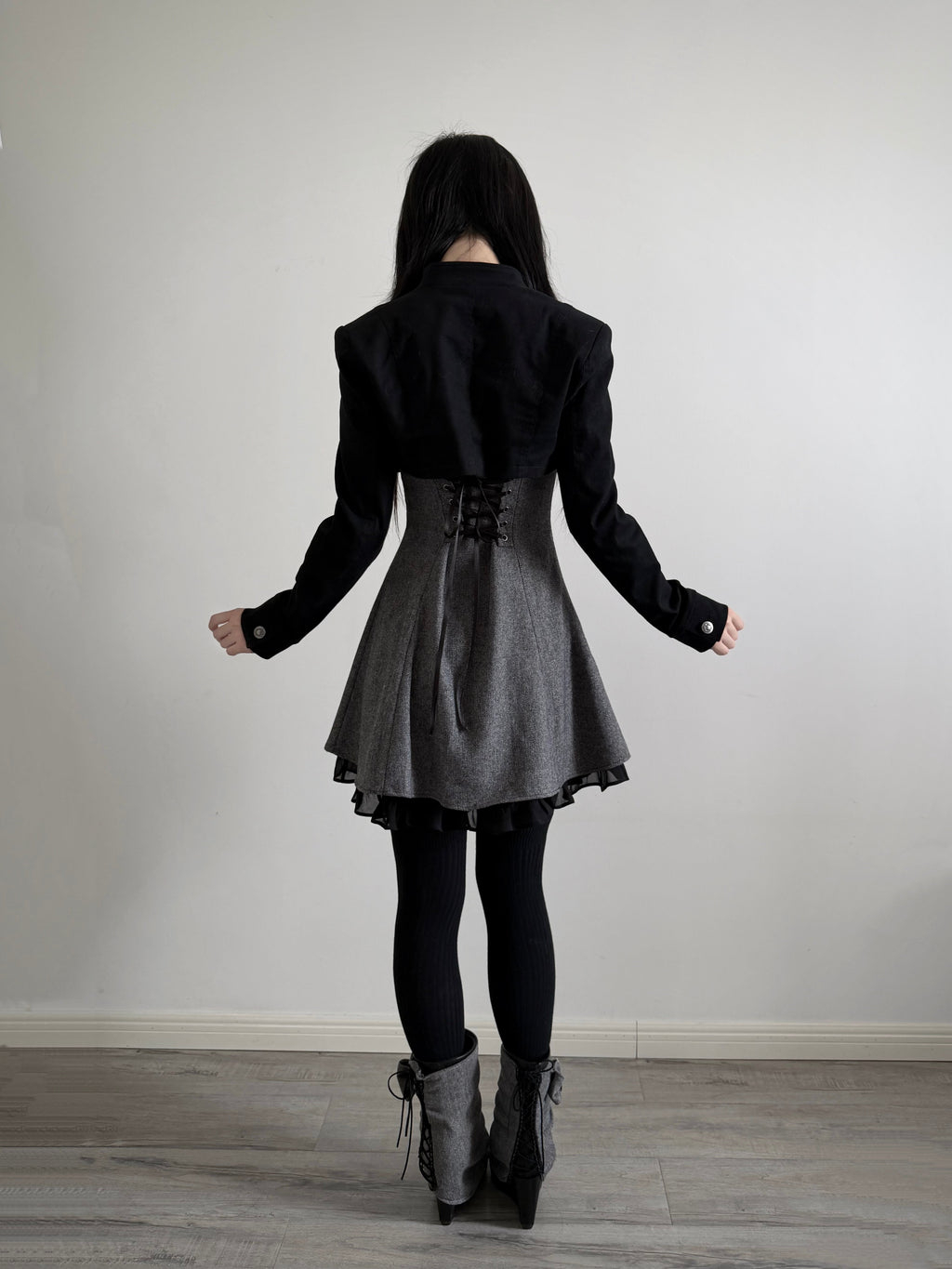 Stand-Collar Double-Breasted Twill Cropped Jacket – Black Dark Aesthetic
