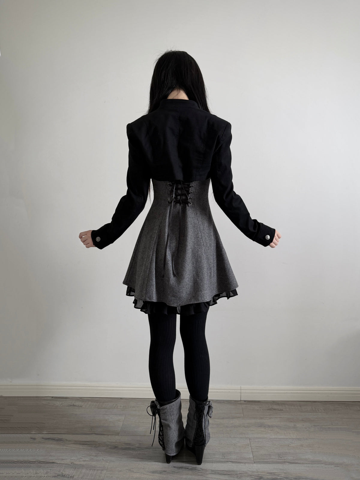 Stand-Collar Double-Breasted Twill Cropped Jacket – Black Dark Aesthetic